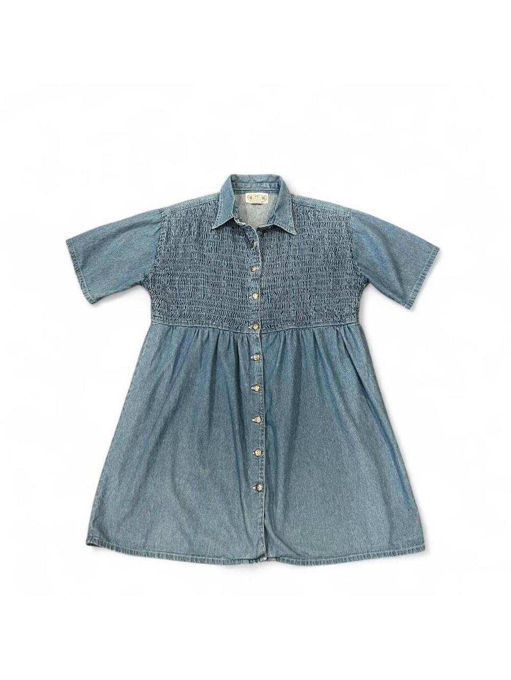 Vintage Y2K Chambray Smocked Babydoll Dress Cottagecore Boho L
